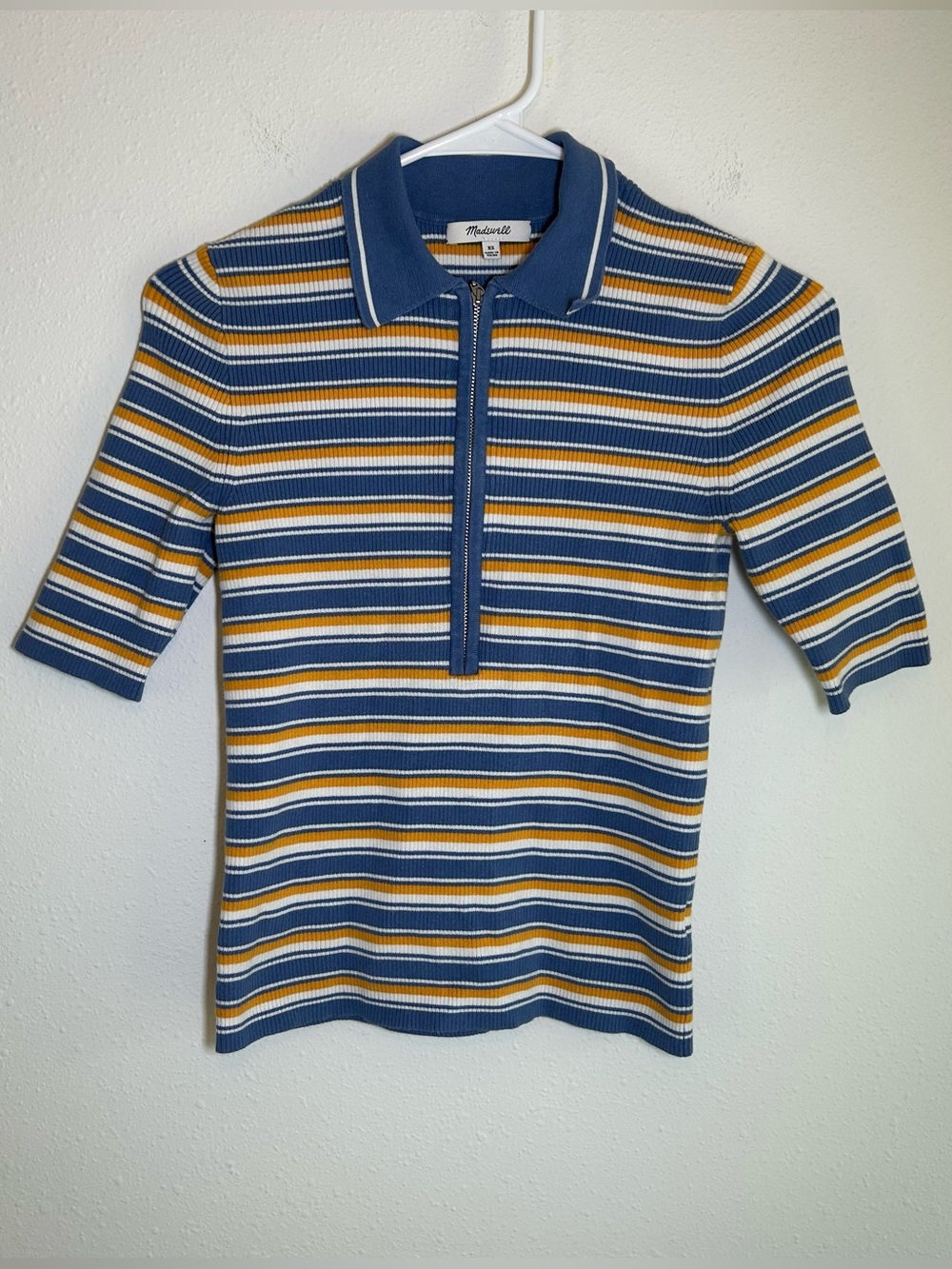 Madewell Johnny Collar Polo Half Zip Top XS Retro Blue Orange Delphinium Stripe